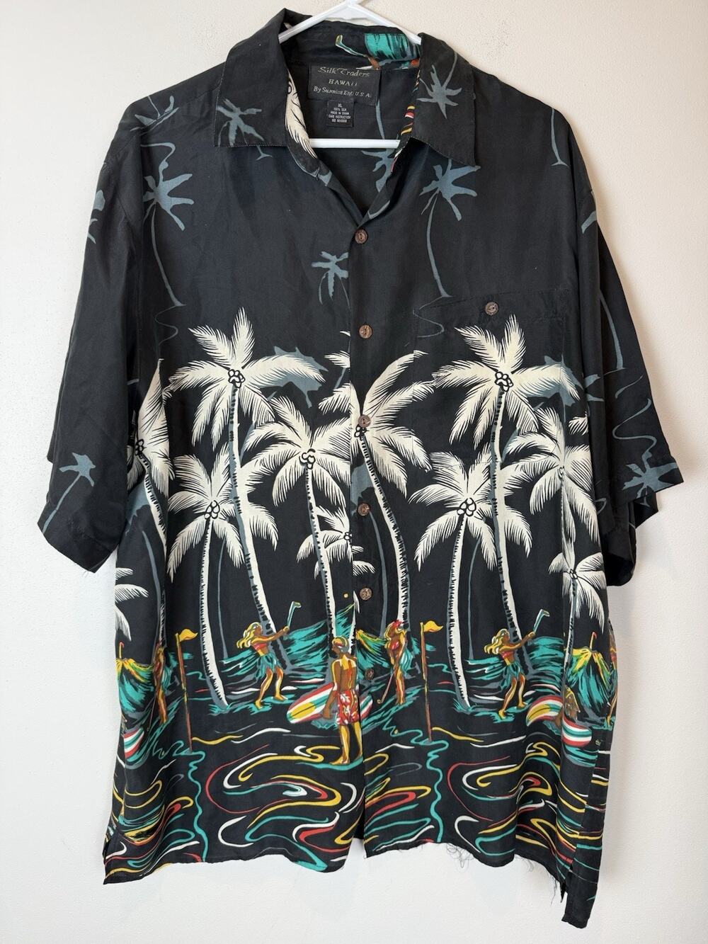 Vintage 100% Silk Hawaiian Button Up Shirt Beach Vacation Men’s Sz XL